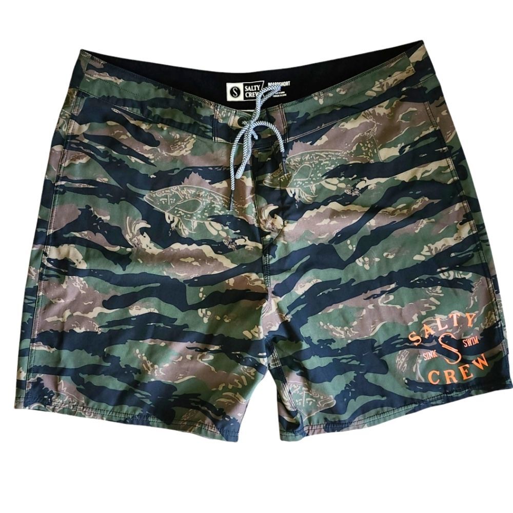 Salty Crew Green and Brown Fish Camouflage Swim Ahi Boardshorts. Sz. 40